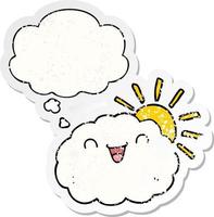 happy cartoon cloud and thought bubble as a distressed worn sticker vector