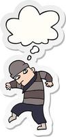 cartoon sneaking thief and thought bubble as a printed sticker vector