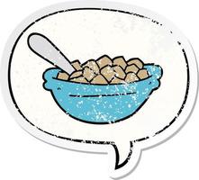 cartoon cereal bowl and speech bubble distressed sticker vector