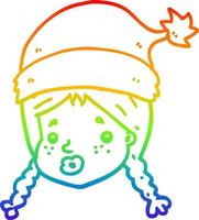 dibujo de línea de gradiente de arco iris chica de dibujos animados con sombrero de navidad vector