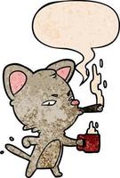 cartoon serious business cat and coffee and cigar and speech bubble in retro texture style vector