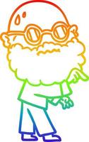 rainbow gradient line drawing cartoon worried man with beard and spectacles pointing finger vector