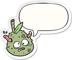 cartoon rotting old pear and worm and speech bubble sticker vector