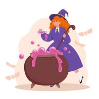 Witch brews a magic potion in a cauldron for Halloween