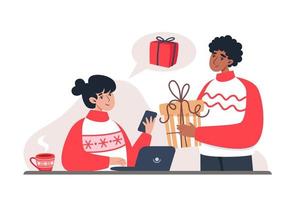 Woman and man buying gifts in online store, New Year's and Christmas online shopping from home vector