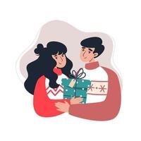 Young family holding a gift, vector illustration in flat style