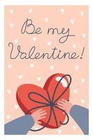 tarjeta de san valentín con caja de chocolates en manos en estilo plano vector
