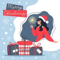 Woman in dress and Santa hat holding sparkler vector