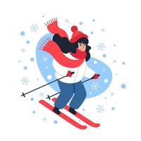 mujer esquiando en invierno, ilustración vectorial vector