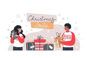 venta de navidad, hombre y mujer con regalos, compras en línea vector