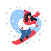 Woman snowboarding in winter, vector illustration