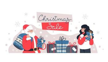 Christmas sale, Santa Claus and woman holding gifts, online shopping vector