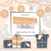 banner de venta de navidad con copos de nieve, guirnaldas y regalos vector
