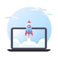 Business concept of successful project startup, rocket launch on laptop background vector