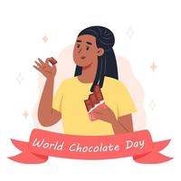 día mundial del chocolate, una mujer joven comiendo una barra de chocolate vector