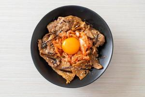 pork bulgogi rice bowl with kimchi and Korean pickled egg photo