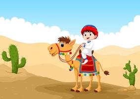 Arab boy riding a camel in the desert vector
