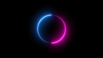 glödande loop neon animation. spin geometrisk rotation abstrakt element. ljusstråle dynamisk rörelse laserring, rund eclipse motion kraftbalans utrymme grafisk blå och lila form partikeleffekt