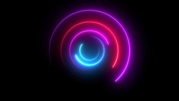 gloeiende lus neon animatie. spin geometrische rotatie abstract element. lichtstraal dynamische beweging laser ring, ronde eclips beweging vermogen balans ruimte grafische blauwe en paarse vorm deeltje effect video