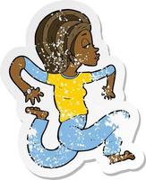 retro distressed sticker of a cartoon woman running vector