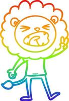 rainbow gradient line drawing cartoon lion giving peac sign vector