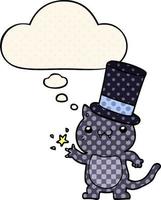 cartoon cat wearing top hat and thought bubble in comic book style vector