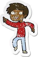 retro distressed sticker of a cartoon happy boy pointing vector