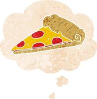 rebanada de pizza de dibujos animados y burbuja de pensamiento en estilo retro texturizado vector