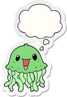 cartoon jellyfish and thought bubble as a printed sticker vector