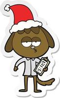 sticker cartoon of a bored dog in office clothes wearing santa hat vector