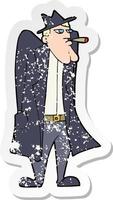 retro distressed sticker of a cartoon man in hat and trench coat vector