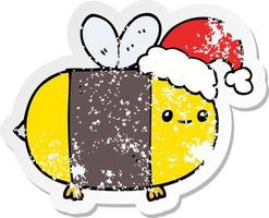 pegatina angustiada de una abeja navideña de dibujos animados vector