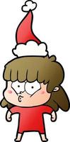 gradient cartoon of a whistling girl wearing santa hat vector