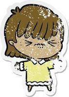 distressed sticker of a annoyed cartoon girl vector