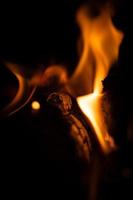 Fire close-up and red orange yellow color detail texture and abstract shape on black background photo