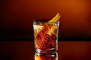 un vaso de whisky con hielo en una naranja