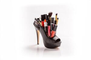 set de maquillaje con zapato de mujer negra foto