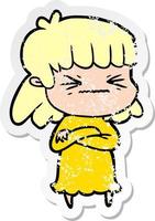 distressed sticker of a cartoon angry girl vector