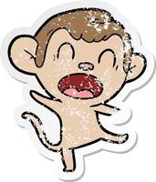 distressed sticker of a shouting cartoon monkey dancing vector