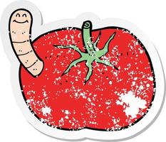 retro distressed sticker of a cartoon tomato with worm vector