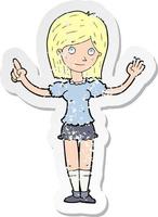 retro distressed sticker of a cartoon woman explaining idea vector