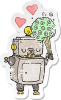 distressed sticker of a cartoon robot in love vector