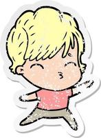 distressed sticker of a cartoon woman thinking vector