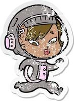 distressed sticker of a cartoon astronaut woman vector