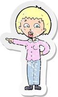 retro distressed sticker of a cartoon pointing woman vector