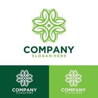 Vector set of logo templates and emblem designs in trendy linear style in green color on floral and natural cosmetic concept background and alternative medicine symbol