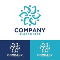 Vector set of template logo designs and emblems in trendy linear style in blue color on floral and natural cosmetic concept background and alternative medicine symbol