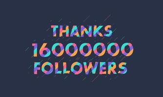 gracias 16000000 seguidores, 16 millones de seguidores celebración diseño colorido moderno. vector