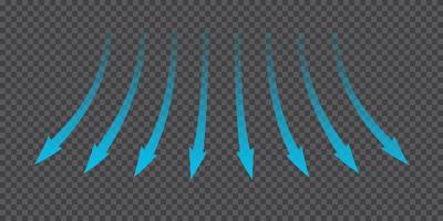 flujo de aire. flechas azules que muestran la dirección del movimiento del aire. flechas de dirección del viento. flujo fresco azul frío del acondicionador. ilustración vectorial aislada en el fondo