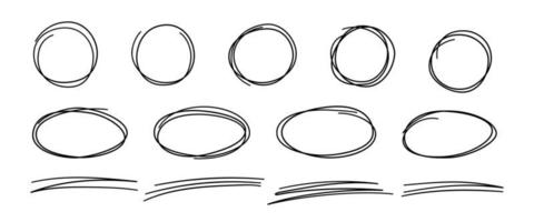 Hand drawn scribble lines, circles and ovals. Doodle sketch underlines. Highlight circle frames. Ellipses in doodle style. Set of vector illustration isolated on white background